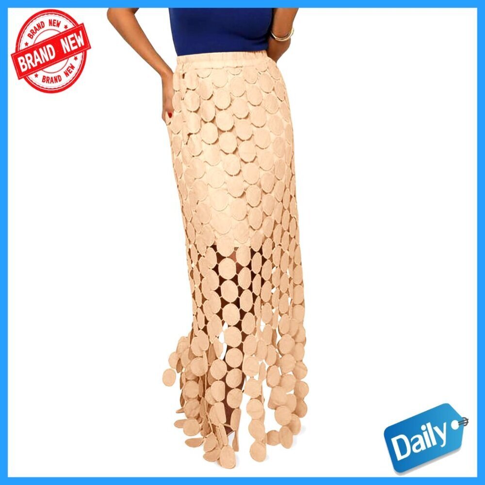 High Waisted Maxi Skirt with Fringe Hem, Hollow Out Design, Boho Style